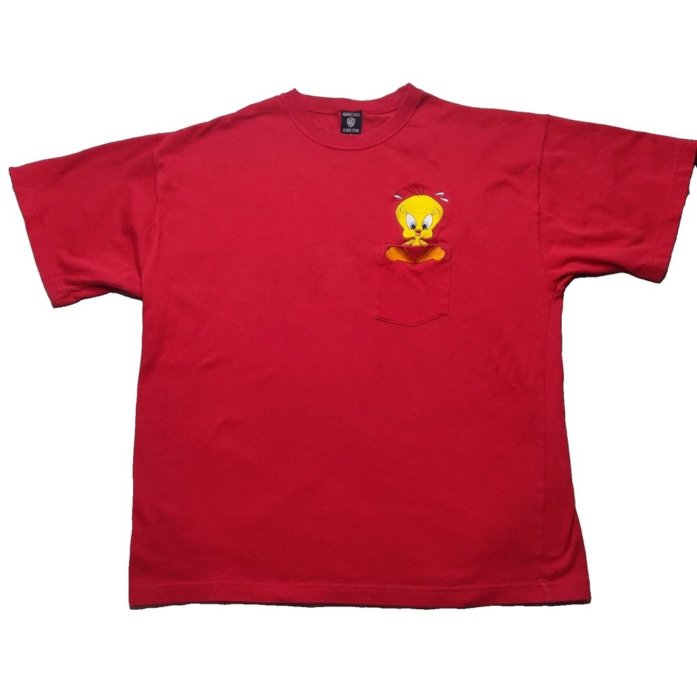 VTG 1998 TWEETY BIRD WARNER BROS. STUDIO‎ STORE Men Large Red Pocket T-Shirt